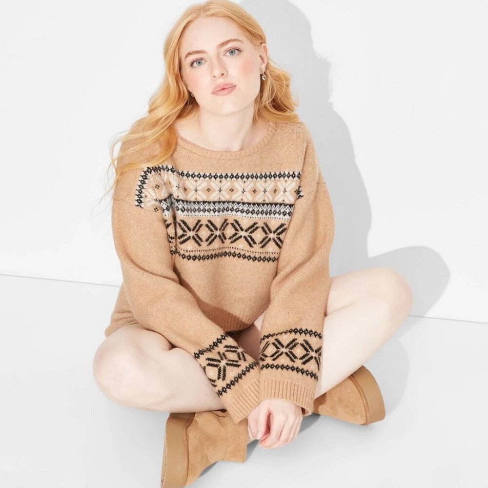 Women's Crewneck Cropped Pullover Holiday Sweater - Wild Fable™ Tan M